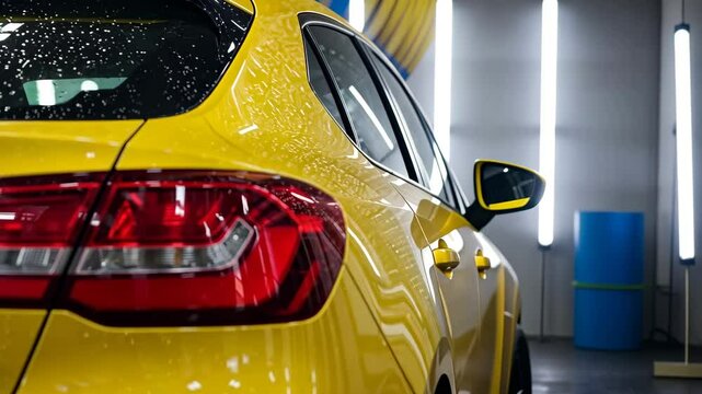 ellow car wash, cleaning and auto detailing service for vehicle maintenance. Automotive industry, hygiene and car care