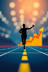 Business Growth Success Concept with Running Figure on Rising Chart Path, Performance and Achievement Metaphor Illustration