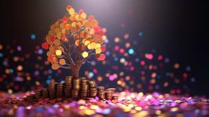 Financial Growth Prosperity Wealth Concept: A Golden Tree Blooming on Stacks of Coins Amidst Colorful Confetti