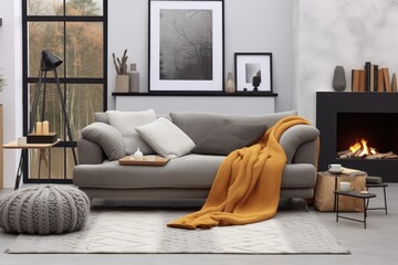Cozy and Stylish Modern Living Room Interior Design Featuring Gray Sofa, Warm Blanket, Fire Place, and Artistic Decor for a Relaxed Atmosphere