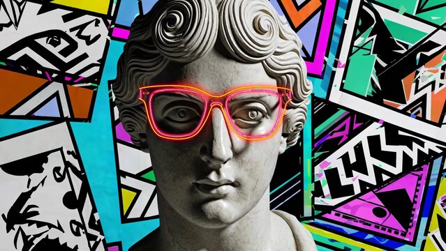 Contemporary art collage featuring a classical marble bust wearing neon glasses against a vibrant, colorful abstract background representing the fusion of classical art and modern aesthetics