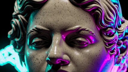 Close-up view of a plaster statue face, illuminated by vibrant blue and purple neon lights, creating a striking contrast between classical art and modern aesthetics