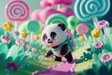 Adorable panda bear with backpack explores a whimsical candy land.