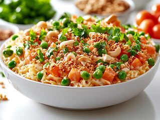 Delicious pasta salad brimming with vibrant vegetables, crunchy cashews, and a flavorful topping.  Perfect for showcasing healthy eating, vibrant colors, and fresh ingredients.