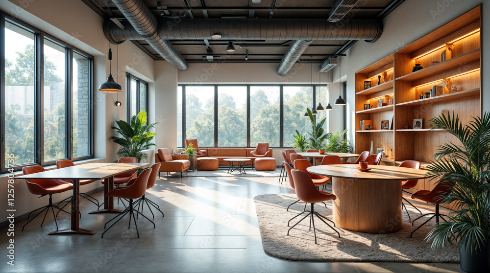 Wall mural a large open space with a lot of seating and tables