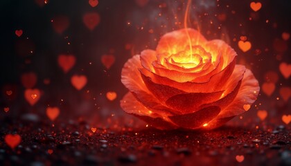 a red rose flower burning with fire on a dark background with flames and hearts, an abstract dark backdrop for the Valentine's Day celebration