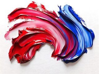 Dynamic red and blue paint strokes swirl across a white canvas, creating a vibrant and abstract...