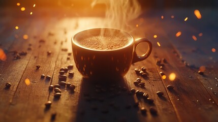 A steaming cup of coffee surrounded by scattered coffee beans