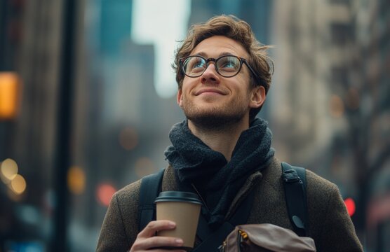 Confident young businessman with glasses smiling and walking in the city with coffee