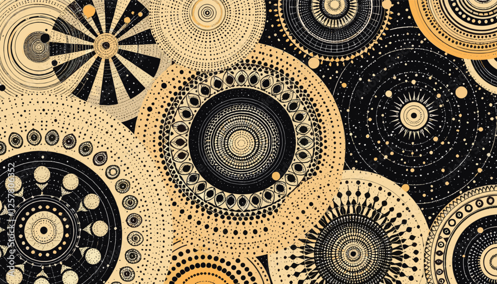 Wall mural various circular designs, each with a unique arrangement of dots and lines, creating a visually stri