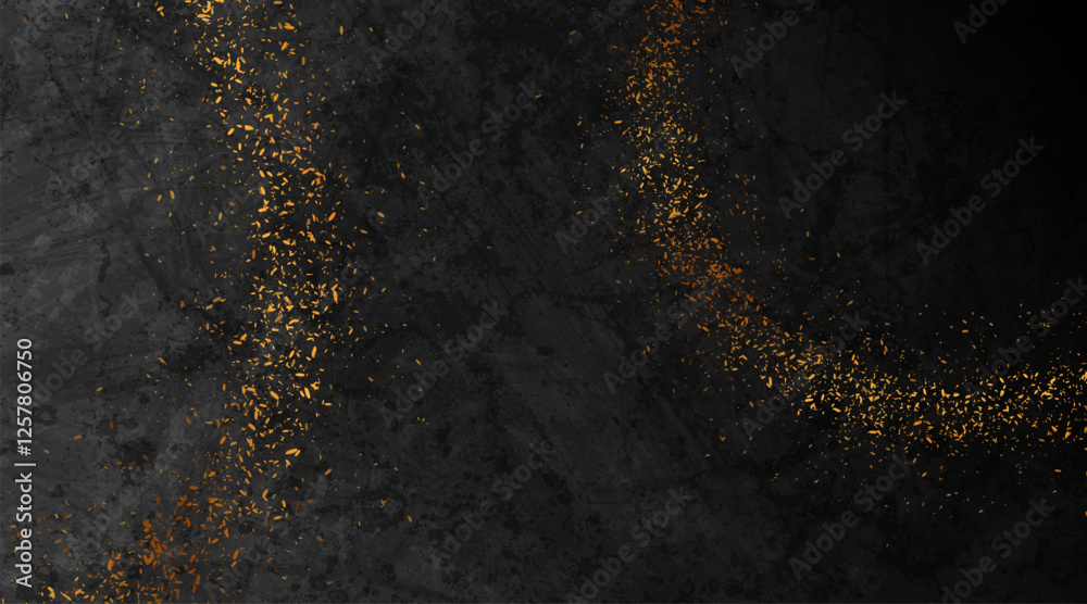 Poster Black grunge texture background with shiny golden particles. Abstract retro vector design