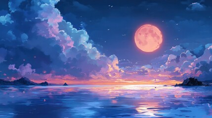 Crimson moon reflection on a tranquil twilight ocean vista