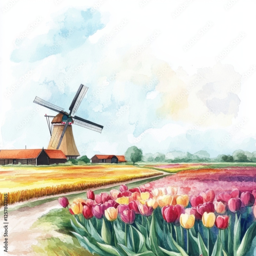 Poster Vibrant tulip fields with a windmill in a colorful watercolor landscape during spring. Generative AI