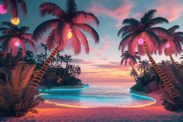 Neon-lit palm trees illuminate a tranquil tropical beach at sunset, creating a vibrant, surreal scene.
