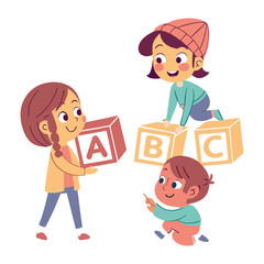 Obraz premium Cartoon children playing stacking alphabet blocks , vector illustration
