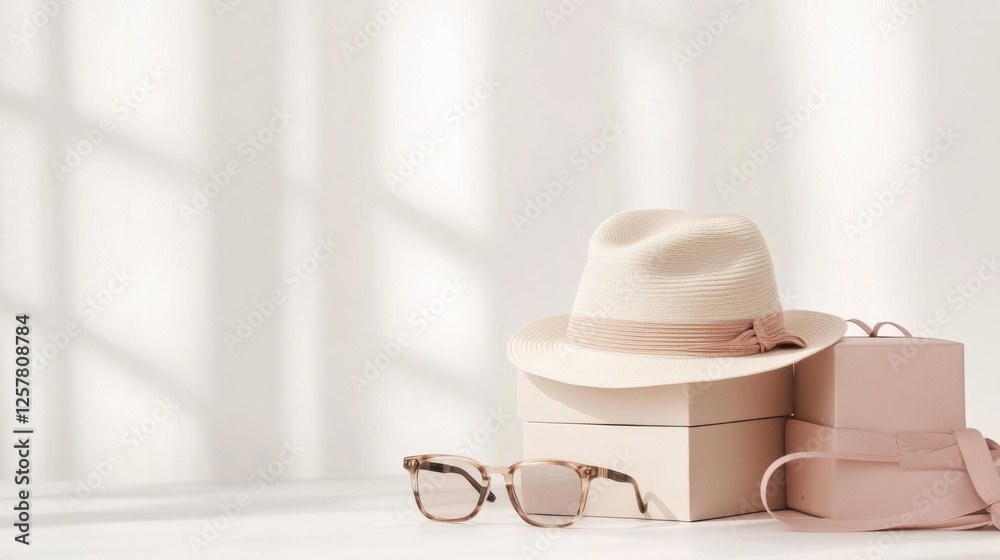 Poster stylish accessories displayed on a minimalistic table with hats, glasses, and handbags in decorative