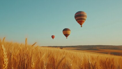 Obraz premium Hot Air Balloons Soaring Over Golden Wheat Fields at Sunset: A Serene Landscape Adventure