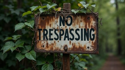 Rusty no trespassing sign surrounded by greenery along a forest path during a sunny afternoon