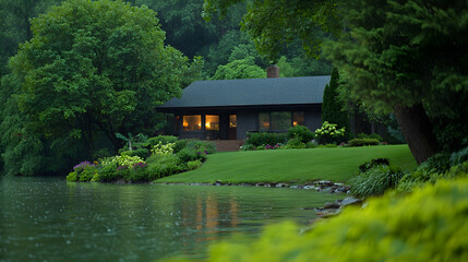 Lakeside house, rain, garden, evening, tranquil