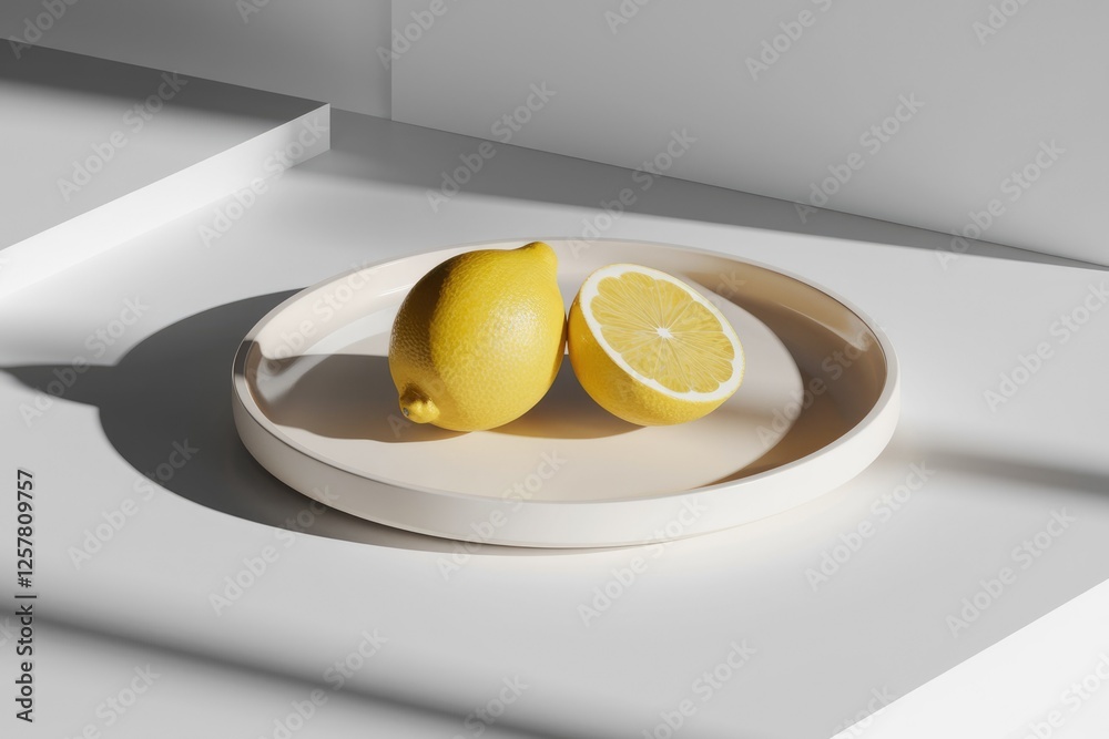 Poster a whole lemon and a lemon half rest on a beige plate against a minimalist white background.