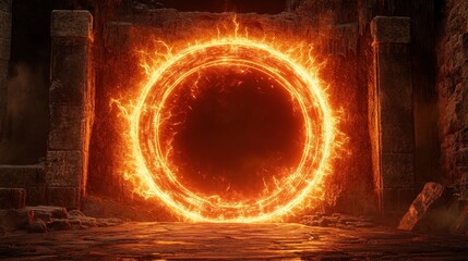 Fiery portal between ancient stone pillars, a gateway to another dimension