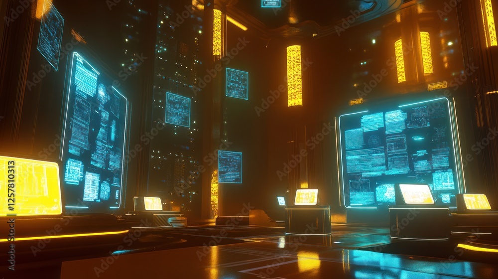 Poster futuristic data center visualizing complex information analysis processes
