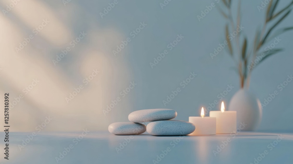 Aufkleber Relaxing spa setup featuring smooth stones and lit candles, perfect for creating a tranquil environment and soothing experience. Generative AI