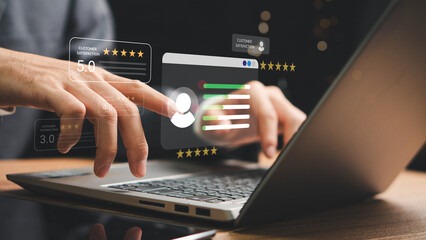 Customer review satisfaction feedback survey concept, User give rating to service experience on online application, comment and feedback review for quality, Business reputation ranking from buyers