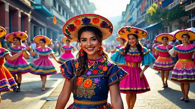 Smiling woman in vibrant traditional Mexican dress leading a lively cultural parade with dancers in colorful outfits

