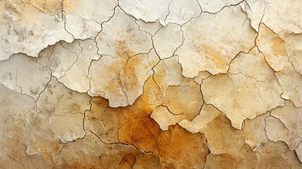 Fototapeta premium A close up of cracked, peeling paint on a wall, with beige and orange tones.
