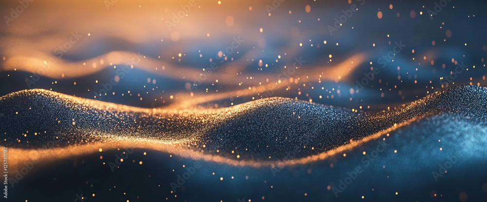 Poster a close-up of glowing golden particles floating over dark waves, showcasing the dynamic energy, moti