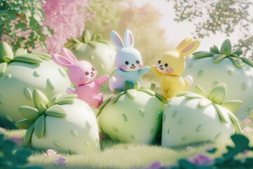 Obraz premium Three adorable pastel bunnies playfully perched atop giant pastel strawberries in a whimsical garden.