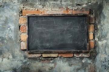 Vintage chalkboard framed by bricks set in a concrete wall