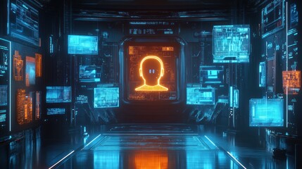 Futuristic interface with humanoid avatar in a high-tech command center