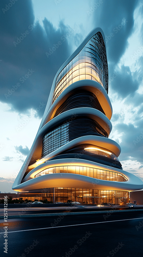 Poster A futuristic building with curved architectural design and glowing lights at dusk, showcasing a modern urban structure with innovative style and sleek lines.