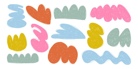 Colorful Funny Abstract Grunge Shapes with Pencil Geometric Drawings with Hand Drawn Texture. Cute and funny stickers