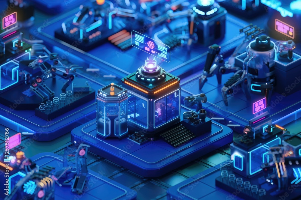Poster Futuristic robotic factory with neon lights, showcasing advanced automated systems and a central control station.