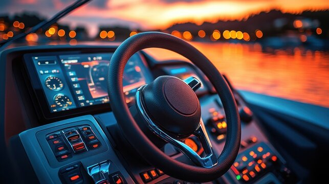 Sunset boat cockpit steering wheel, digital dashboard, city lights background - Powered by Adobe