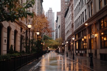 Fototapeta premium Rain-soaked city street reflects autumn colors under overcast skies in downtown area of New York City