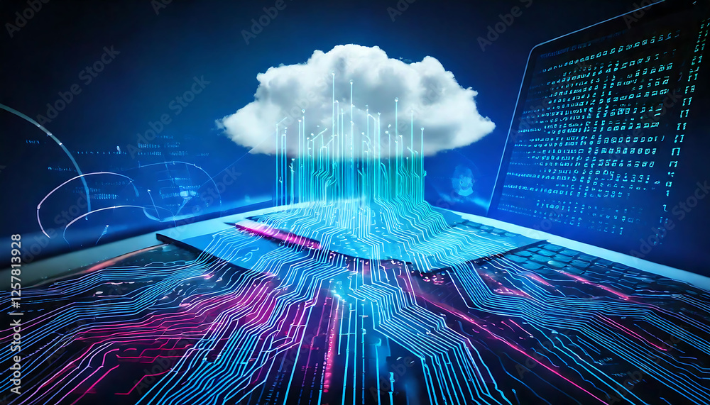 Poster stunning abstract image depicting cloud computing and data transfer. vibrant blue and pink circuit l