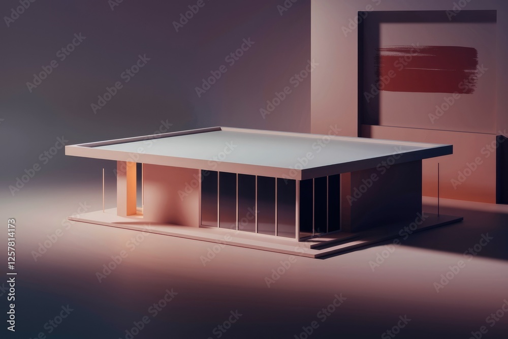 Poster minimalist architectural rendering of a modern house with large glass windows and flat roof.