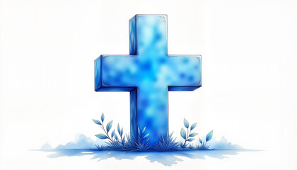 Obraz premium 3D-rendered blue medical cross standing on white surface, health symbolism