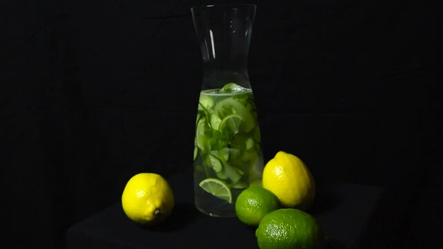 Glass carafe filled with citrus fruit and cucumber water in front of a black studio background. Vibrant yellow and green lime, lemon fruits in front of the glass vessel while footage spins around them