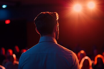 A blurred background of a pitch event showcases startup founders presenting their ideas, with the focus on the dynamic atmosphere of innovation and entrepreneurship.