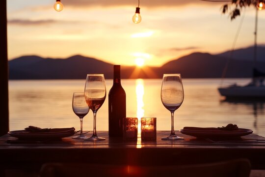 Sunset dinner on the waterfront with wine and candles creates a romantic atmosphere