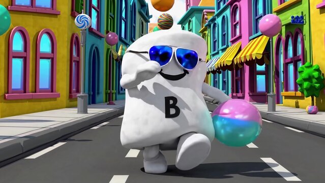 Cartoon character wearing sunglasses strolls down a colorful street, joyfully carrying a beach ball and soaking up the sun in a vibrant, playful urban setting filled with whimsy - Powered by Adobe