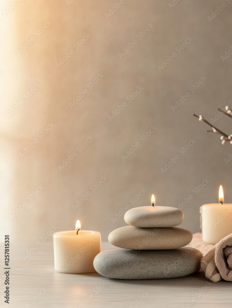 Aufkleber relaxing spa setup with massage stones and calming candles inviting tranquility and rejuvenation. ge