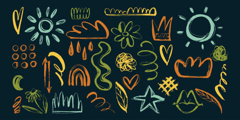 Colorful Set of Grunge Charcoal and Pencil Girly Sketches. Hand drawn design doodle shapes. Creative playful banner with graffiti abstract elements