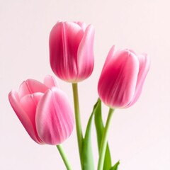 High-resolution stock photo  A trio of pink tulips, slightly blurred background, monochromatic pink theme.  Minimalist, elegant, commercially viable image, professional quality