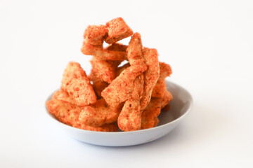 Spicy Basreng or fried meatball. Basreng is a typical snack from Sunda, Indonesia, made from fish balls which are thinly sliced ​​and then fried.